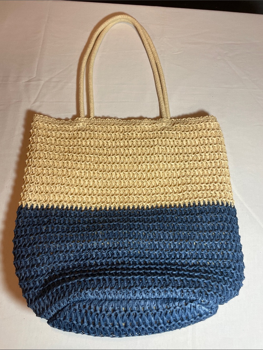 Old Navy Cream and Navy Woven Rope-Handle Tote